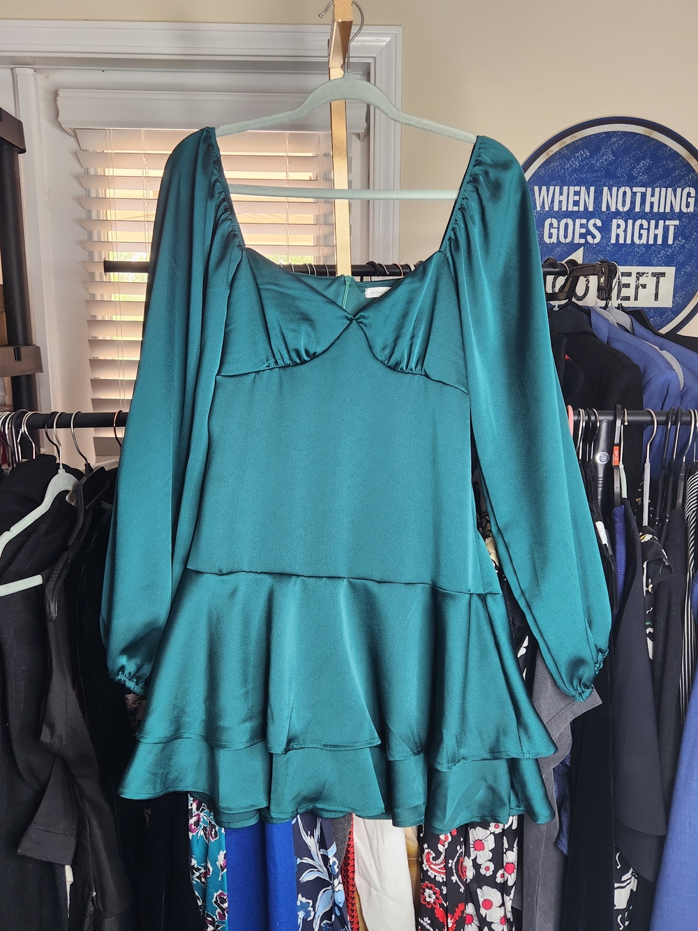 Altar'd State Teal Satin Ruffle Mini Dress